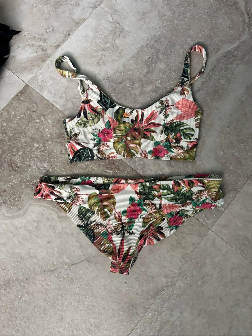 Boys + Arrows Tropical Floral Ribbed Bikini in White, Green, Pink